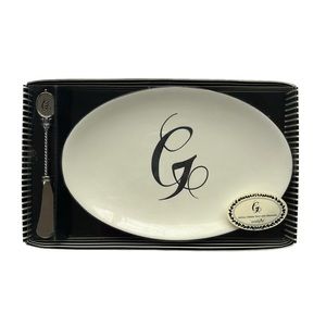 Mud Pie Initial G Cheese Tray & Spreader 9”X 6” Ceramic Plate 6” Silver Spreader